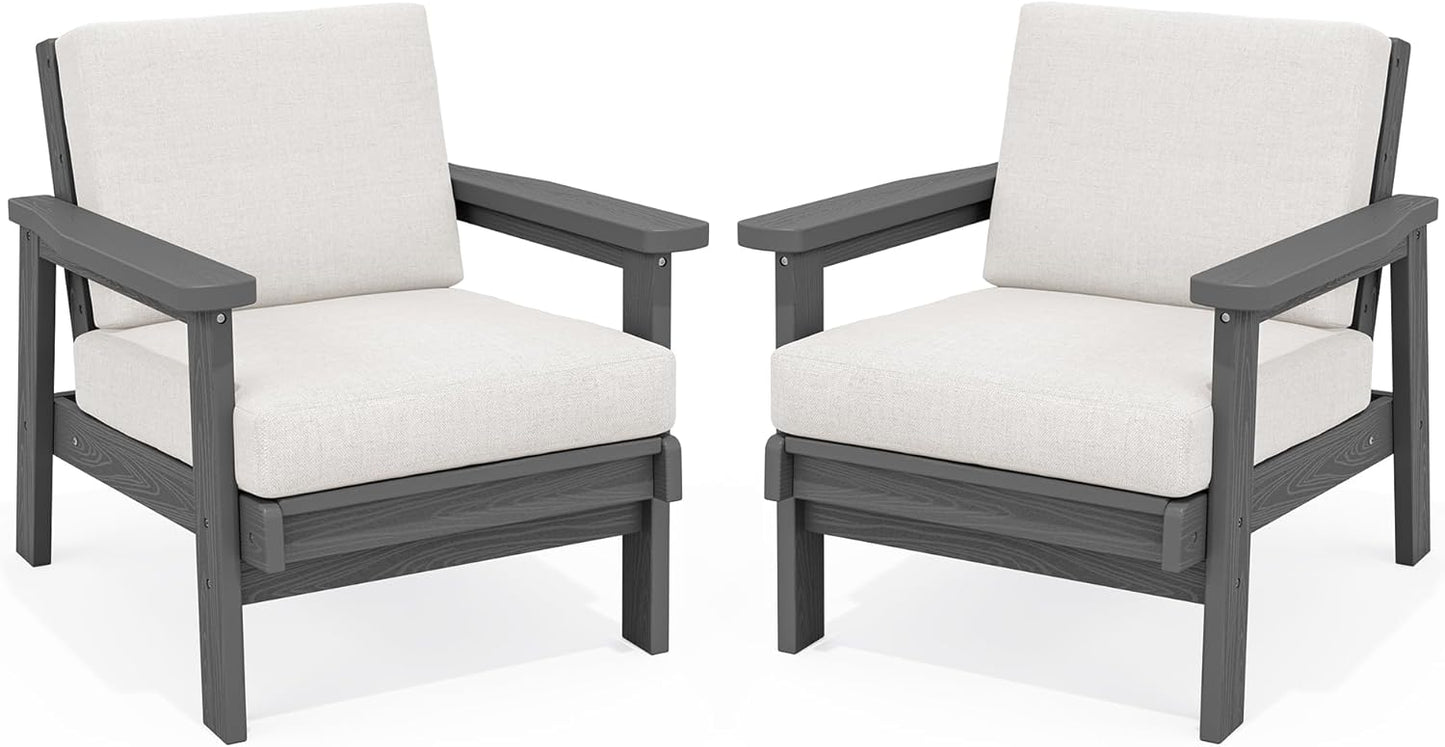 SERWALL HDPE Outdoor Couch Set of 2, All-Weather Wood-Like Outdoor Patio Furniture Set, Outdoor Sofa Chairs with Khaki Cushions