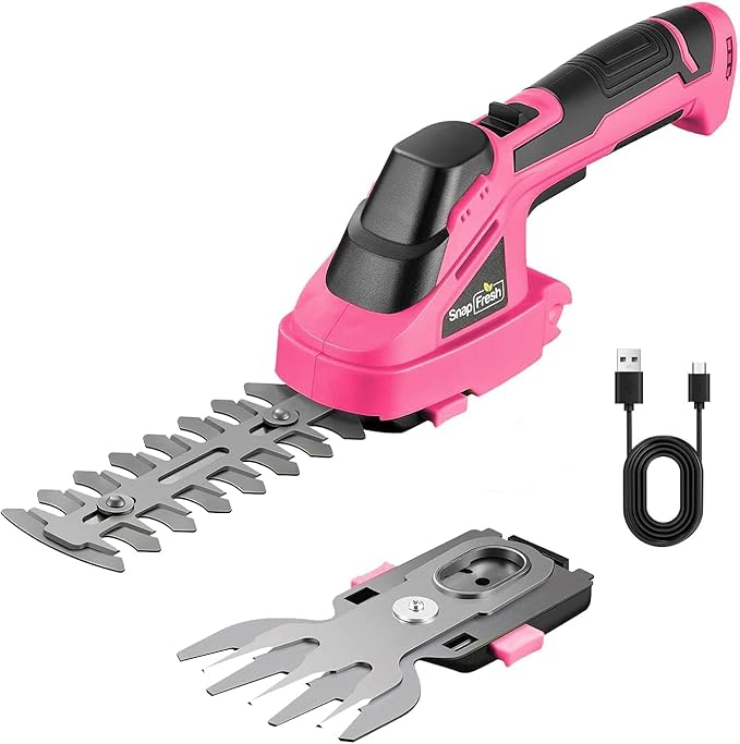 SnapFresh Cordless Hedge Trimmer & Grass Shears, 7.2V 2-in-1 Handheld Electric Bush Trimmer, Lightweight & Low-Noise, Rechargeable Lithium-Ion Battery with Type-C Cable Included (Pink)