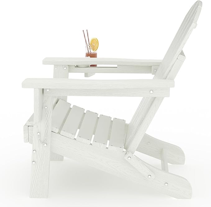GarveeLife Folding Adirondack Chair Set of 2 with Ottoman, All-Weather HDPE Outdoor Chair, Wooden Textured with Cup Holder for patios, Decks, Gardens, fire pits, White