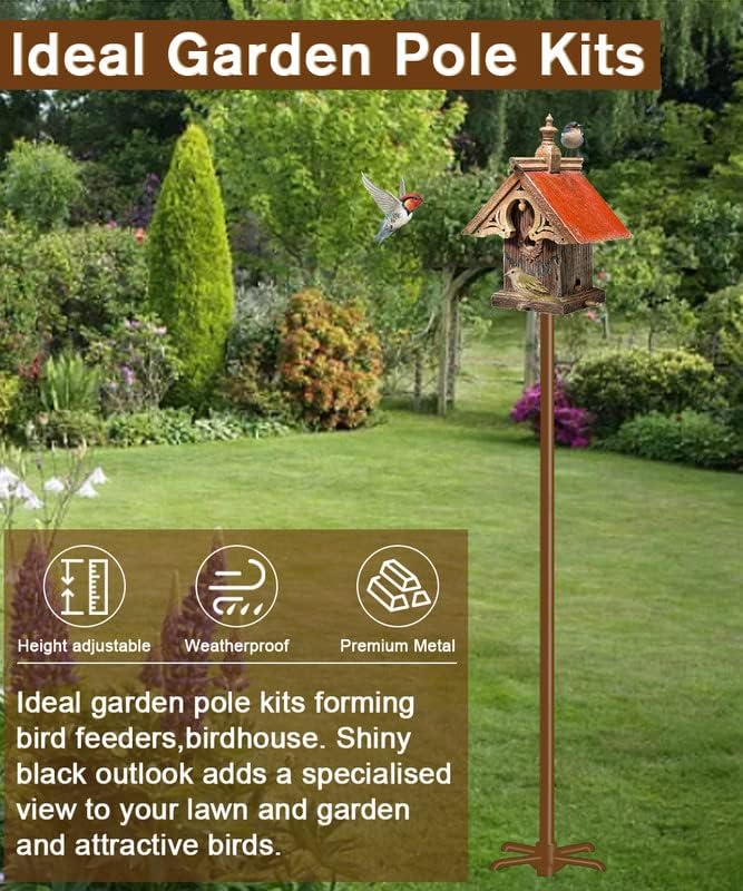 90Inch Heavy Duty Bird House Pole Mount Kit with Frosted, Bird Feeder Pole Kit with 5 Prongs Base and 2 Plates, for Outdoor, Yard, Garden, Brown(Birdhouse Not Include)