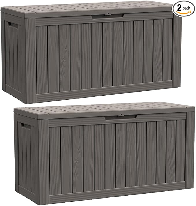 BTEXPERT 80 Gallon Deck Box Outdoor Storage Container Stainless Steel Rods for Patio Furniture Garden Tools Cushions Pool Supplies Sports Equipment Waterproof Lockable UV Resistant Set of 2