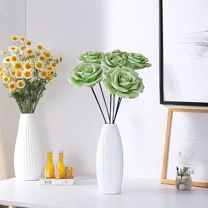 Handmade Porcelain 3D Ceramic Rose Flower, Eternal Flower Decoration for Home Office Decor, Creative Desktop vases, Porcelain Decorations, Exquisite, Set of 6 (Green)