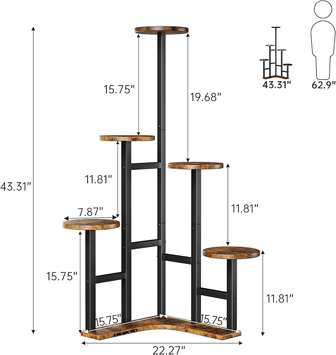 Yzosvki Corner Plant Stand Indoor with Grow Lights, 6 Tiered Corner Plant Shelf Flower Stand for Multiple Plants, Plant Shelves Organizer Rack for Living Room, Balcony, Patio, Round Rustic Brown
