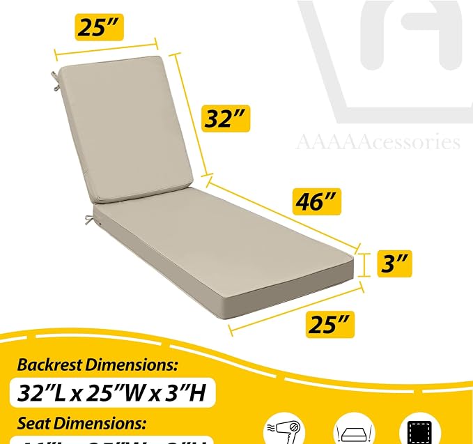 AAAAAcessories Outdoor Chaise Lounge Cushions, Fade-Resistant, Waterproof Patio Furniture Replacement Cushions, 78" x 25" x 3", Khaki Beige