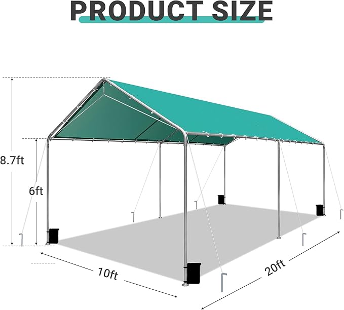 Heavy Duty 10 X 20 Ft Easy to Assemble Metal Car Canopy Shelter with Reinforced Steel Cables, Outdoor Portable Garage for Car, Boat Tent, Green