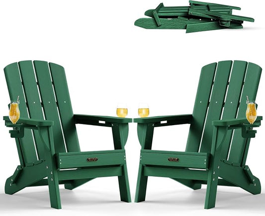Folding Adirondack Chair Set of 2, HDPE Adirondack Chairs with 2 Cup Holder, Plastic All-Weather Fire Pit Chairs, Outdoor Lawn Chair for Patio Garden (Green)