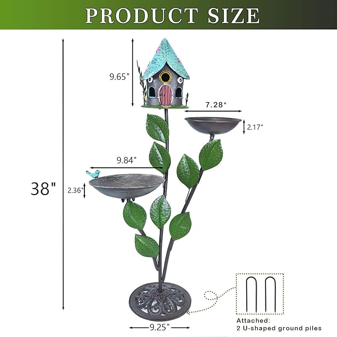 38" H Cast Iron Pedestal Bird Bath, Bird Baths for Outdoors with Metal Bird House Bird Feeder 3-in-1, Garden Yard Lawn Decor
