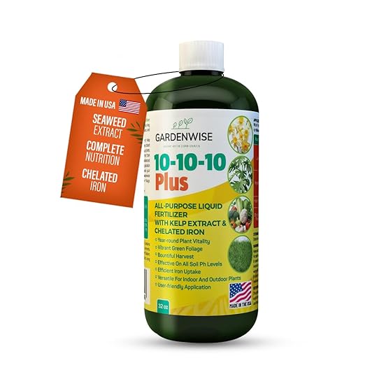 GARDENWISE 10-10-10 All Purpose Plant Food - Liquid Fertilizer with Seaweed Kelp & Iron - Indoor & Outdoor Plant Food, Vegetables, Flowers, Lawn & Garden 1x32oz
