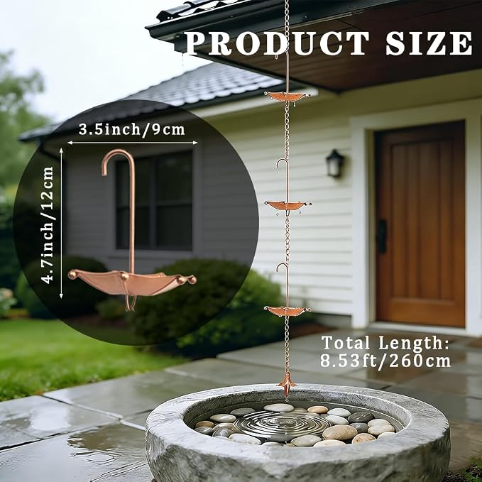8.5FT Rain Chains with 10 Umbrella Rain Chain Cups, Rain Catcher for Gutters, Decorative Copper Rainwater Diverter Rain Chimes for Garden Decor, Replacement for Outside Gutter Downspouts in Summer