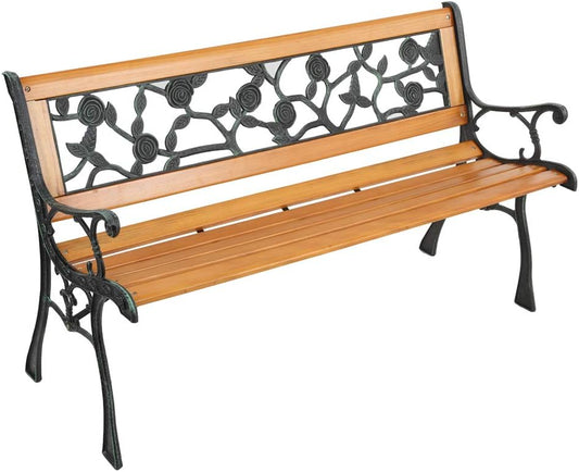 VINGLI Outdoor Bench Metal Garden Bench, Wood Patio Benches w/PVC Backrest Cast Iron Love Seat Park Benches for Porch Yard (Rose)