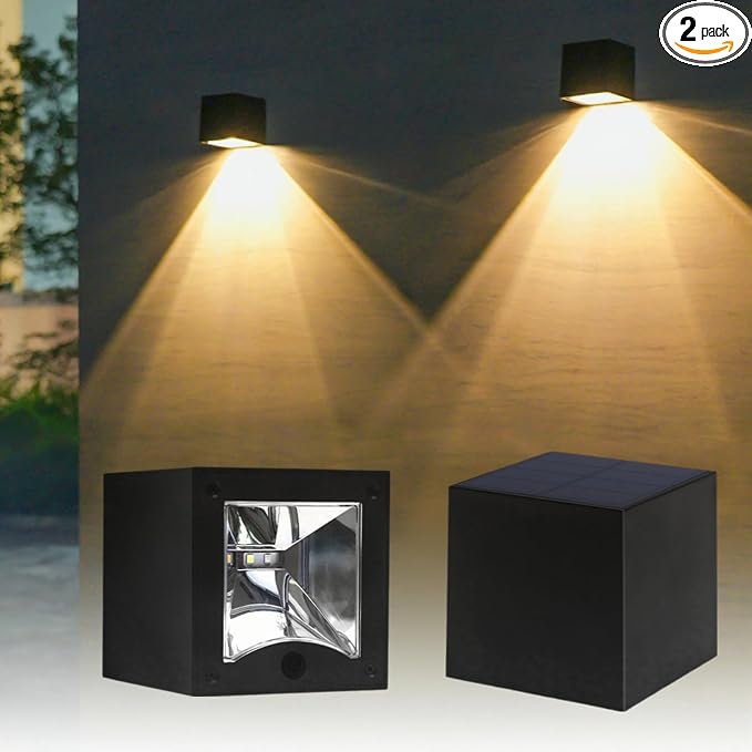 Solar Wall Lights Outdoor Dusk to Dawn Solar Light with Warm White & RGB Modes 4 X 4 ft Modern Square LED Downlights for House Numbers, Mailbox, Address, 2 Pack