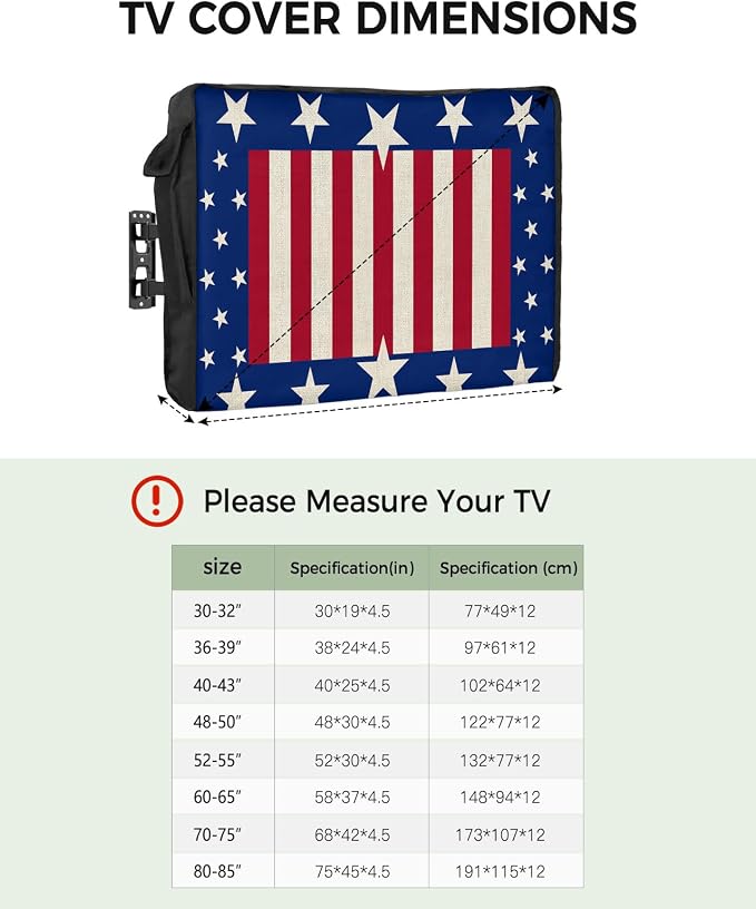 Outdoor TV Cover - USA Flag 4th of July Stars Blue White Red Stripe Retro Waterproof and Weatherproof 70"-75" LCD Movable Shield TV Display Screen Protector Outside Television Covers