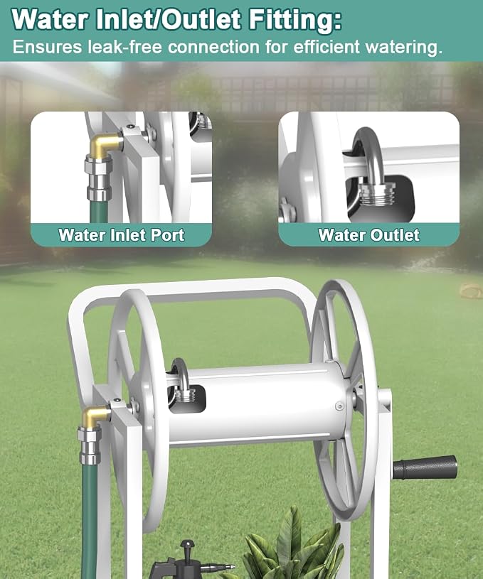 Artigarden Garden Hoses Reel Cart with Wheels, Outdoor Heavy Duty Powder Coated Steel Water Winder Storage Holds 125 ft 5/8" Hose with 3.9ft Leader Hose and Basket for Backyard, Yard, Lawn, White