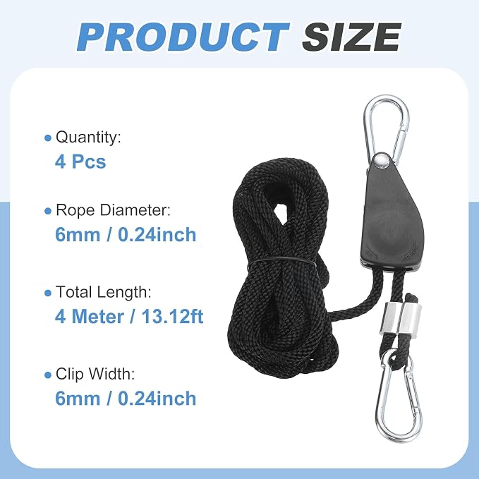 uxcell 4 Pairs 1/4" Adjustable Rope Hanger, 13.12ft(4 Meter) Heavy Duty Ratchet Tie Down Strap with Rope Clip Hanger for Hanging Plants, Grow Light and Various Tie-Down Uses, Black