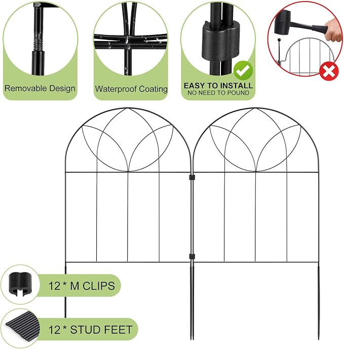 Small Garden Fence Animal Barrier, Decorative Garden Fence 24in(H) x 6ft(L), 6 PCS Rustproof Metal Fences Panel, Arch Black No Dig Fences, Rabbit and Dog Border Fencing for Flower Bed, Patio