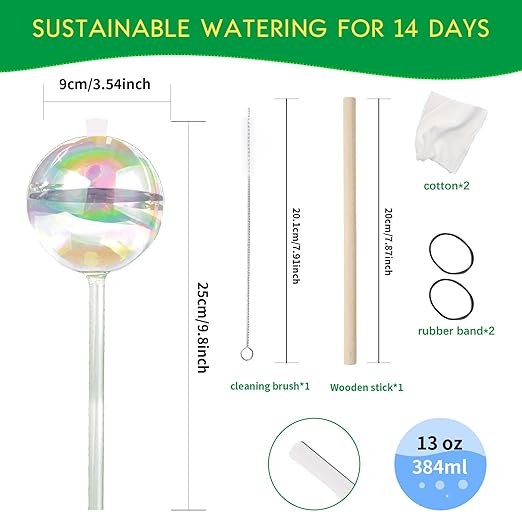 ZephyrBloom 13 oz Up 2 Weeks Large Plant Watering Globes & Bulbs, Self Watering Glass Globes to Water Plants While Away, Indoor Outdoor Automatic Slow-Release Watering Bulbs for Houseplants 2 Pack