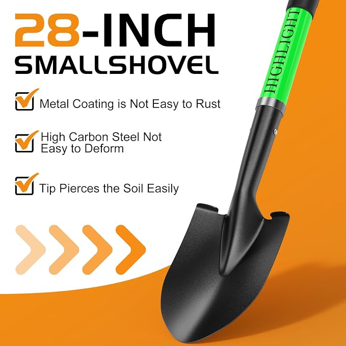 HIGHLIGHT Kids Shovel for Digging, 28-Inch Small Round Point Shovel with Metal Blade and Fiberglass Handle, Mini D-Grip for Gardening, Beach, Camping & Snow, Green