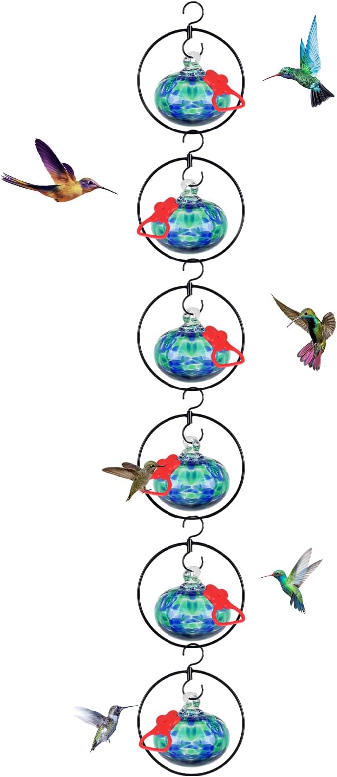 Headak Life 6 Pack Circular Hummingbird feeders for Outdoors Hanging,Hand Blown Glass Hummingbird Feeder with 6 Adjustable Silicone Perch,Never Leak,Gardening Gifts for Woman Man(Blue)
