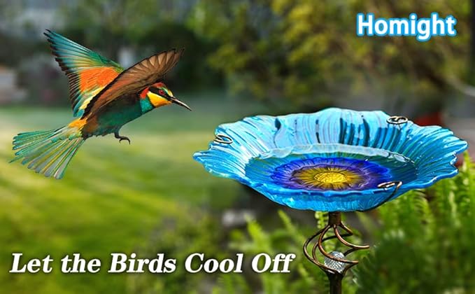 Homight Solar Glass Blue Bird Bath, Yard Art，Garden Outdoor Birdbath with Metal Stake with White LED Light Metal Stake Garden Decor Gifts