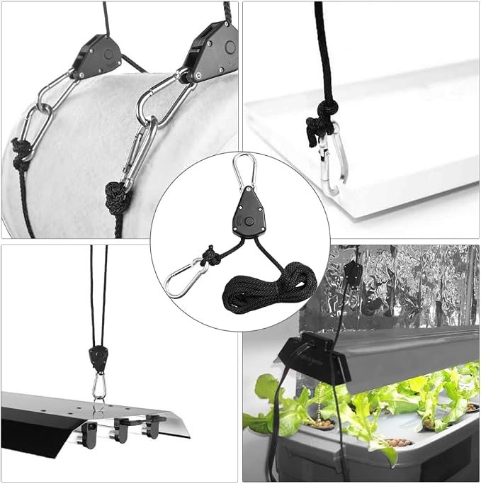 4-Pack Heavy Duty Adjustable Grow Light Ratchet Rope Hanger Yoyo – 68.9In Length, Braided Nylon & Stainless Steel, 150 lbs Load Capacity for Indoor/Outdoor Plant Lighting, Garden Tool Suspension