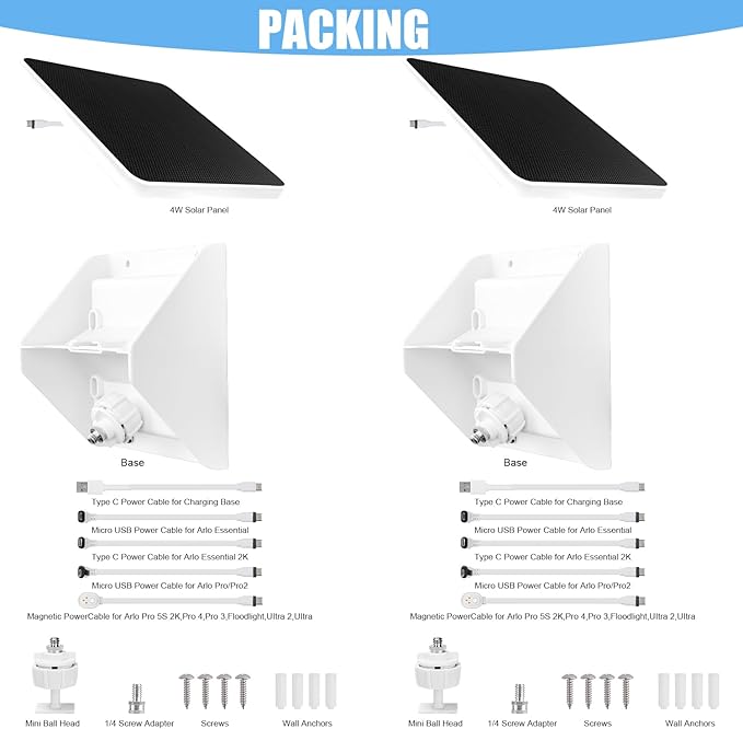 4W Solar Panel Charging Mount for Arlo Essential 2K (2nd Gen),Essential XL,Essential Spotlight,Arlo Pro 6/6 XL,Pro 4/3/2,Pro 5S 2K,Ultra 2,Ultra,IP67 Weatherproof Continuously for 365 Days-2Pack