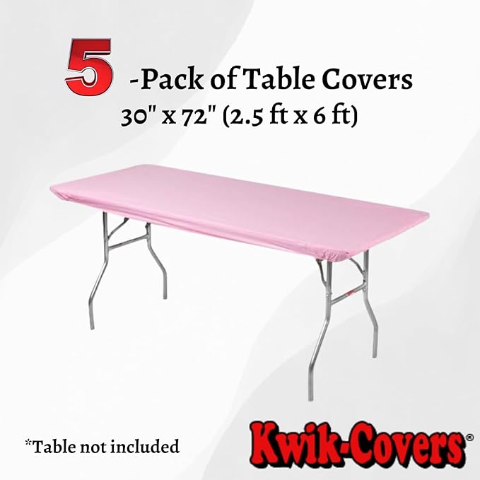 Kwik-Covers 6' Rectangle Plastic Table Covers 30" x 72", Bundle of 5 (Pink)