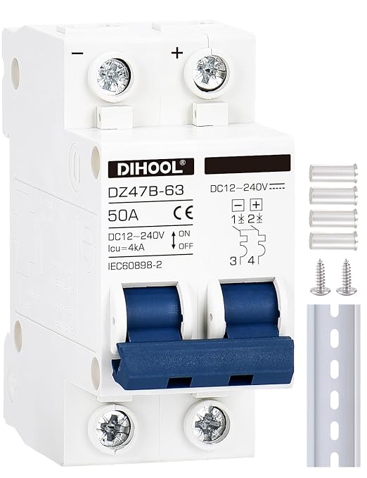 DIHOOL DC Circuit Breaker,50A 2 Pole,12V to 240 Volt Solar Disconnect Switch,DIN Rail Mount