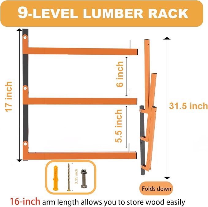 Lumber Rack Wall Mount, Heavy Duty Wood Storage Racks, 9-Level System Garage Shelving, 1080 Lbs Capacity Organizer Shelves, Folding Orange Brackets, 6 Pack Hanging Metal Shelf for Indoor and Outdoor
