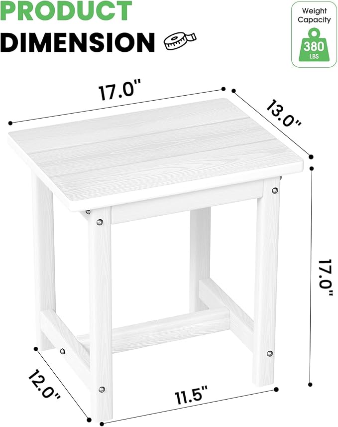Outdoor Side Table – 17" HDPE Adirondack Side Table,Sturdy Small Outdoor Tables, Weather-Resistant & Easy Assembly Patio End Tables for Garden, Balcony, Porch & Poolside (White)