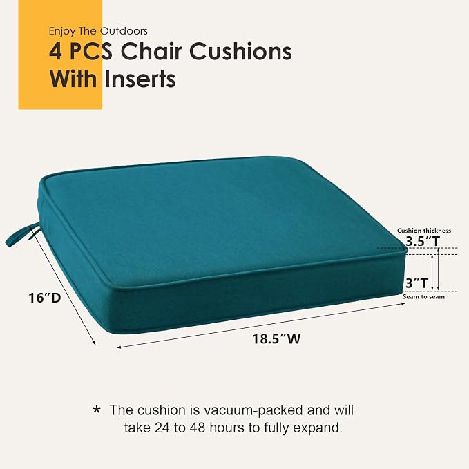 Outdoor Sunbrella Square Corner Seat Cushion, 18.5"x16"x3", Set of 4, Non Slip Seat Cushion Pads with Removable Cover for Patio Furniture, Garden Yard Lawn, Spectrum Peacock