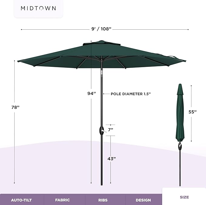 Midtown Umbrellas - 10-Year-No-Fade 9 Ft Patio Umbrella with Terylast Fabric, Auto-Tilt Aluminum Frame and 8 Reinforced Ribs for Deck, Pool, Garden & Beach - Forest Green Canopy, Black Pole