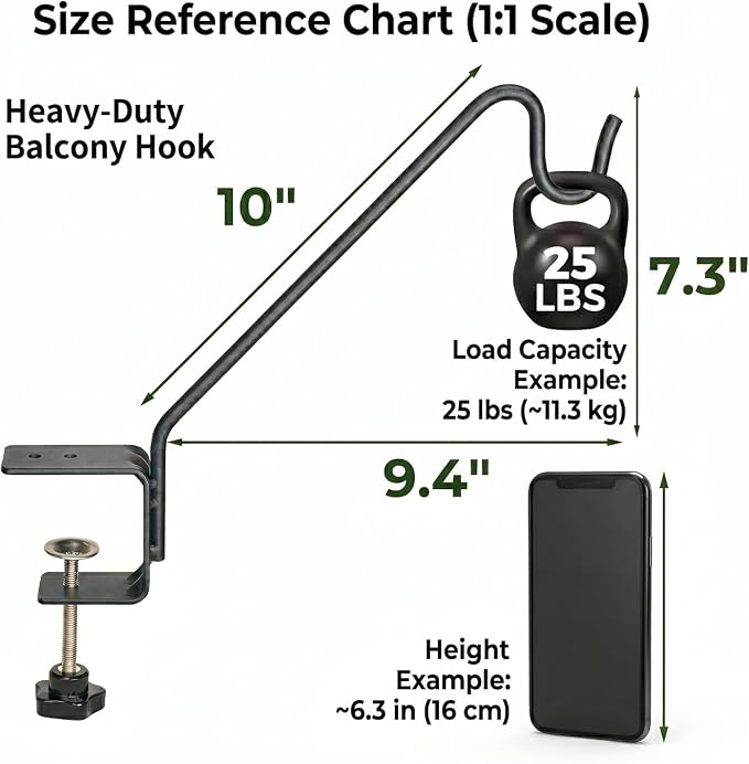 Kingsyard Middium Heavy Duty Deck Hook - 10 inch Metal Deck Railing Hooks for Hanging Bird Feeders, Planters, Suet Baskets, Lanterns, Wind Chimes