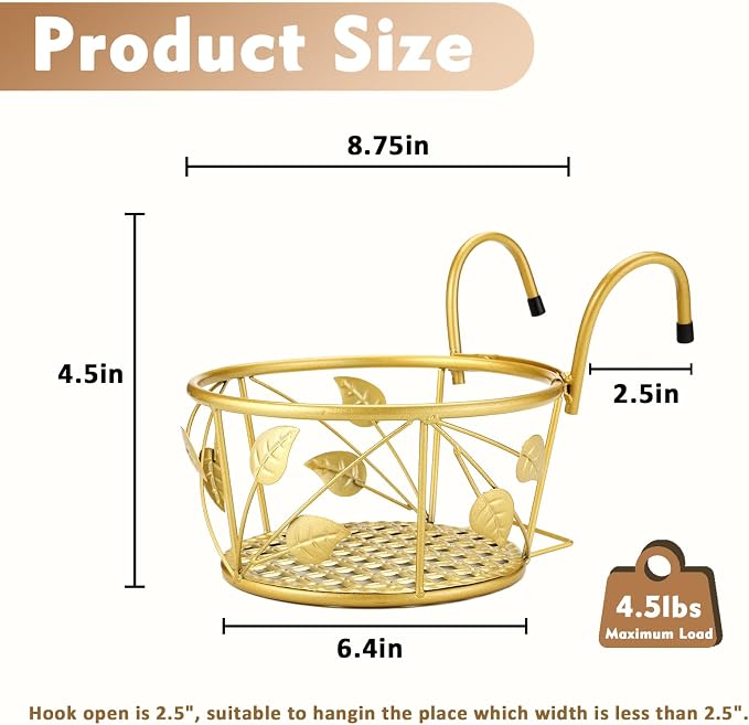 3 Pack Hanging Planter Holders, Golden | Heavy Duty Metal, For Balcony Railings, Indoor Outdoor Use, Deck Fence Garden Patio Porch