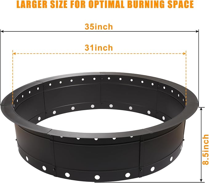 Fire Pit Ring, 31 Inch Round Steel Firepit, Black, Powder Coated, Wood Burning, Air Vent for Efficient Burning