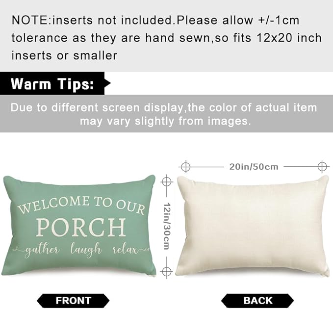 RABUSOFA Welcome to Our Porch Decor Outdoor Pillow Covers Waterproof,12x20 Set of 2 Eucalyptus Green Stay Awhile Relax Lumbar Cushion Case Decorations for Patio Couch (Green)