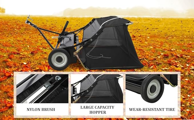 Tow Behind Lawn Sweeper, 48" Pull Behind Collector – Large Capacity Leaf & Grass Collector with Adjustable Height, Dumping Rope Design for Debris and Lawn Clippings