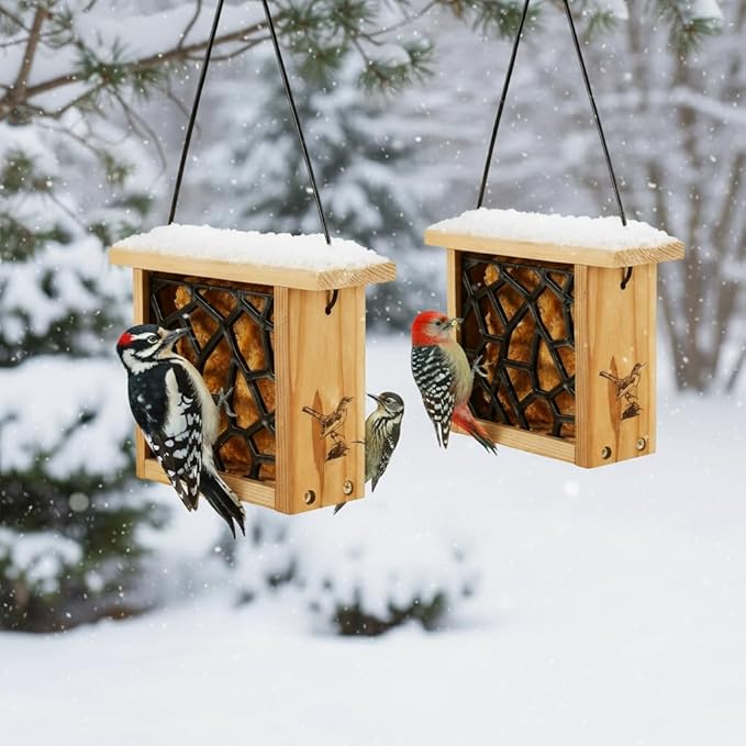 2pk Suet Bird Feeders with 2 Suet Cakes for Outside Clearance - Suet Cake Feeder for Outdoor - Hanging Birdfeeder for Suets - Hanging Cable Wire Weather Ability Cedar Wood Longterm Lasting