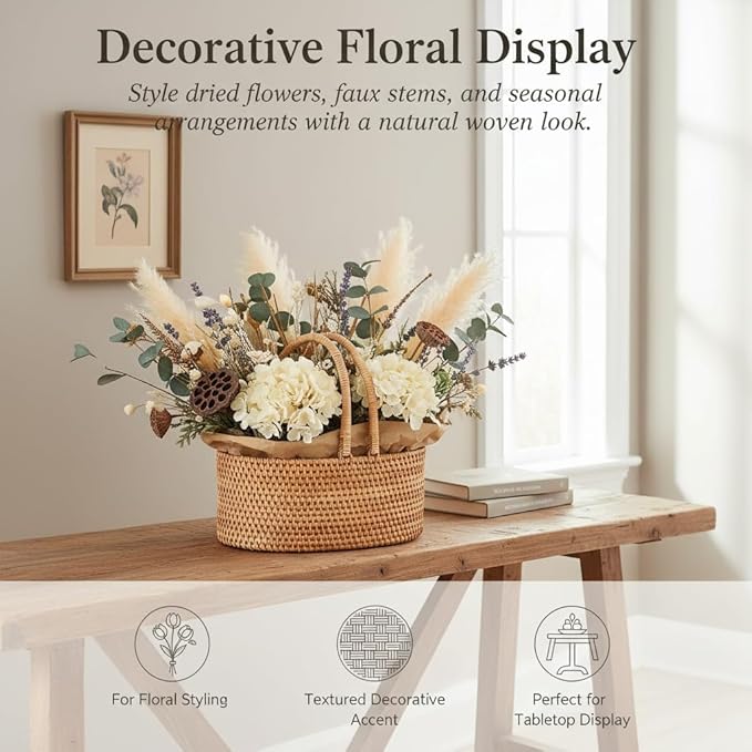 Handwoven Rattan Storage Basket with Handles, Natural Wicker Decorative Basket for Kitchen Counter, Pantry Organization, Floral Arrangement, Gift Packaging & Home Decor