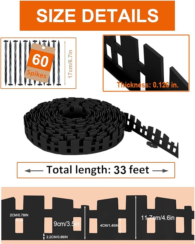 Garden Edging 33FT x 3.5~4.6IN Tall, Landscape Edging Borders with 60pcs Plastic Stakes,Arched Design Flexible Lawn Edging Border, No Digging Edge Fence DIY for Tree Flowerbeds Grass Yard