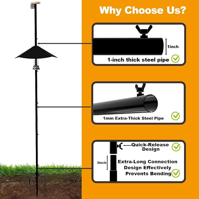 Smart Bird Feeder Pole With Metal Squirrel Baffle,94 Inches Bird House Poles For Outdoors,1-Inch Dia Heavy-Duty Pole For Bird Feeder,Squirrel Proof Baffle with Stainless Steel Spring for Defense.