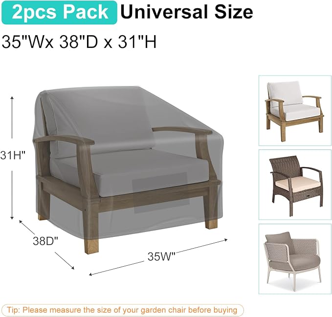 Patio Chair Covers for Outdoor Furniture Waterproof 2 Pack, Lawn Chair Covers 600D Heavy Duty Oxford Cloth, Large Covers for Lounge Lawn Deep Seat Black 35"W×38"D×31"H