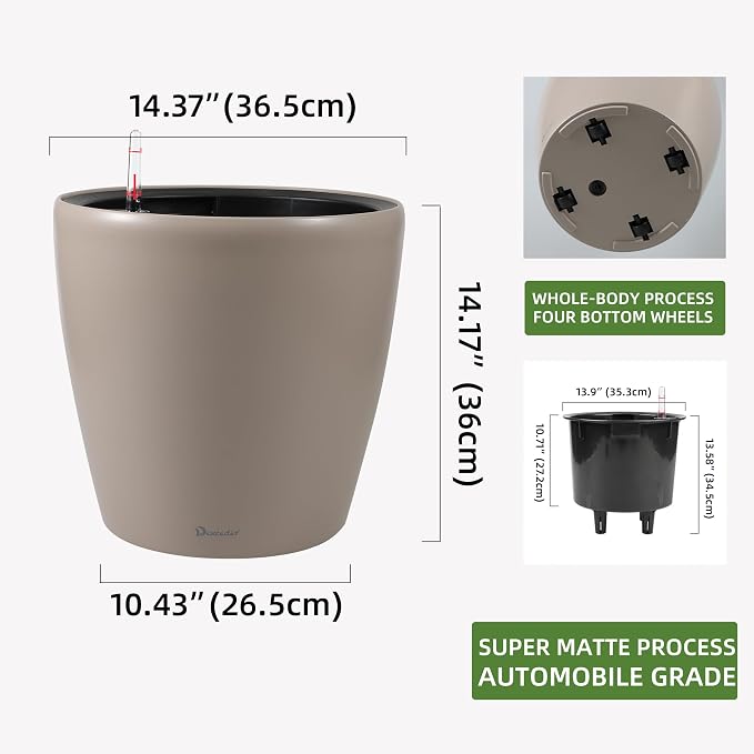 Dexceder 15x14 Self Watering Planter with Wheels (Taupe Matte) | Inner Pot Design, Thickened Large Floor Standing Flower Plant Pot with Water Level Indicator Indoor Outdoor