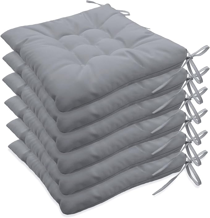 Outdoor Indoor Tufted Chair Cushions, Seat Cushions with Ties, Chair Pads Waterproof for Porch Kitchen Office Garden Cloud Gray 16" x 16", Set of 6