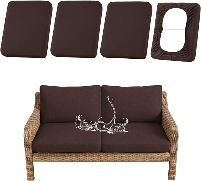 hyha Waterproof Outdoor Cushion Covers for Patio Furniture, Stretch Patio Chair Cushion Slipcovers, Coated UV Resistant Replacement Seat Covers, Solid Color (Coffee, 4PC)