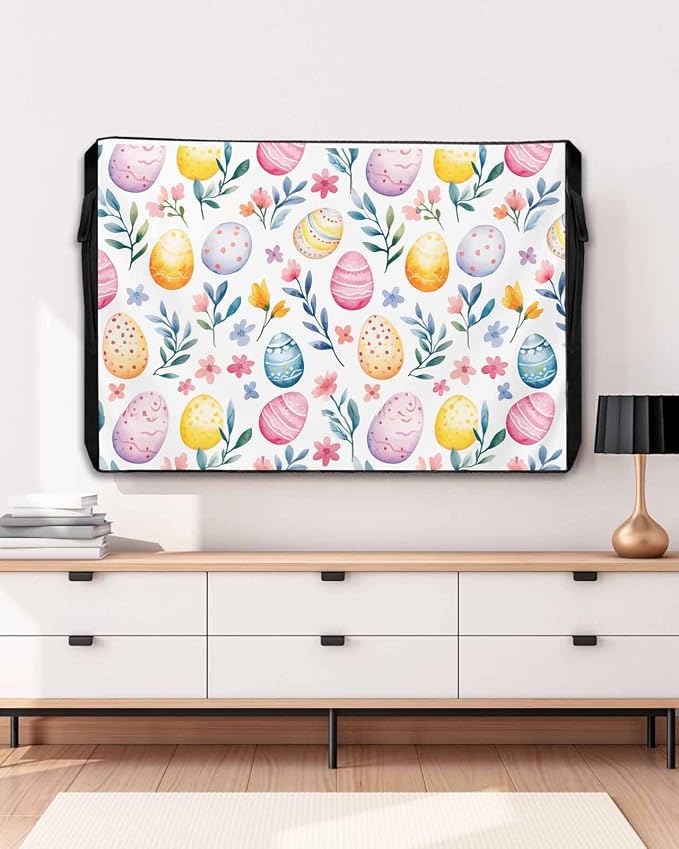 Easter Egg Outdoor TV Cover for Outside Flat Screen,Spring Flower 600D Thick Waterproof Weatherproof Outdoor TV Screen Protector with Zipper for 60 to 65 Inch Flat Screens Colorful Floral Leaves