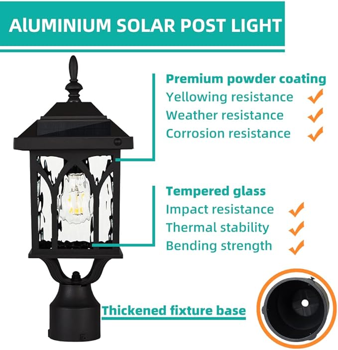 Solar Lamp Post Light Outdoor，Solar Outdoor Post Light with 3.5in Pier Mount Base，Matte Black，Suitable for Wet Locations