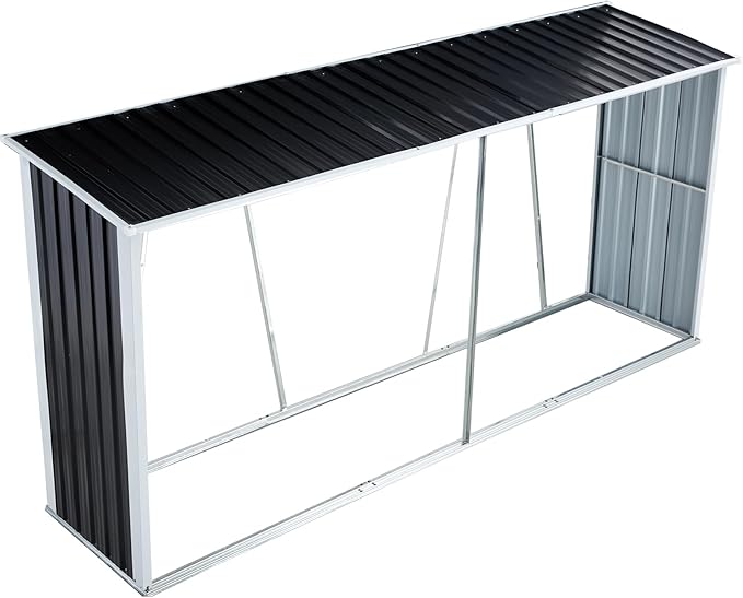 Galvanized Steel Log Storage Shed With Steel Floor Frame Raised Floor Slats Sloping Roof Design For Storing Your Firewood dark gray