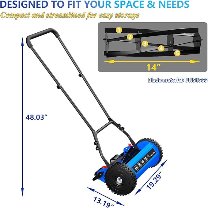 14-Inch Reel Lawn Mower with Tool-Free Blade Adjustment, 5-Blade Manual Push Lawn Mower, 5-Position Height Adjustable Hand Push Reel Mower for Small Yards