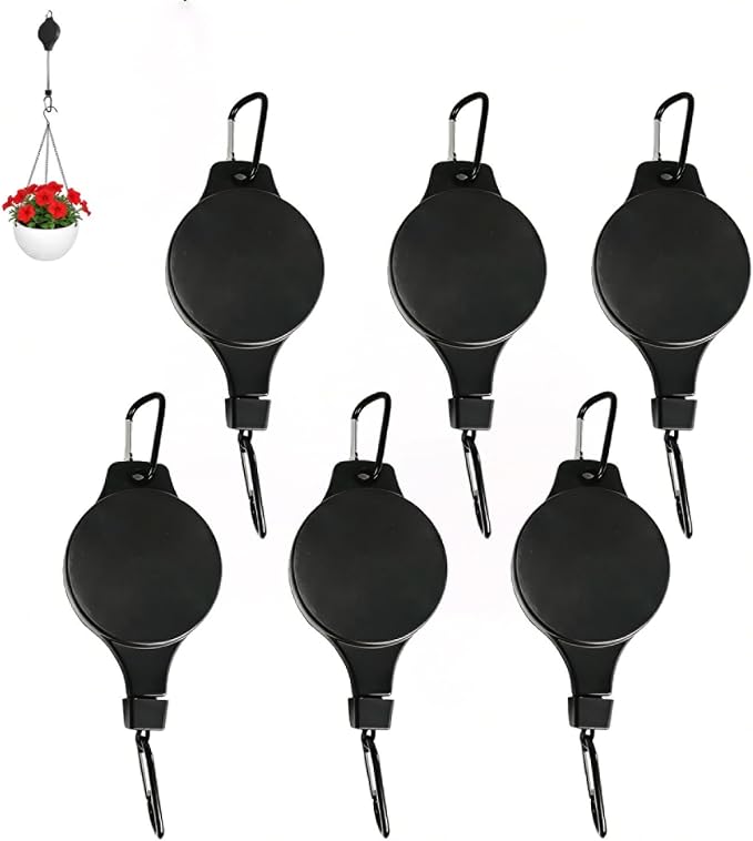 6PCS Retractable Plant Hanger, Upgraded Pulley Easy Raise & Lower, for Hanging Plants, Flower Pots, Bird Feeders (Black-6PCS)
