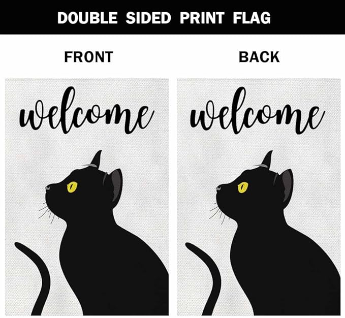 AOYEGO Cat Welcome House Flag Vertical Double Sided Burlap Black Cat With Yellow Eyes Farmhouse Yard Outdoor Seasonal Flags Decoration 28 x 40 Inches